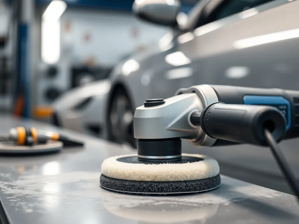 Close-up of professional dual action car polisher with foam