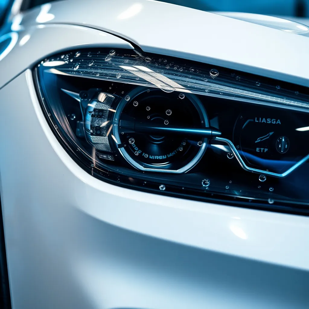 Close-up of a high-end car headlight with water beads on the