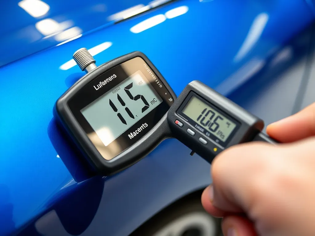 A close-up of a digital paint thickness gauge measuring the