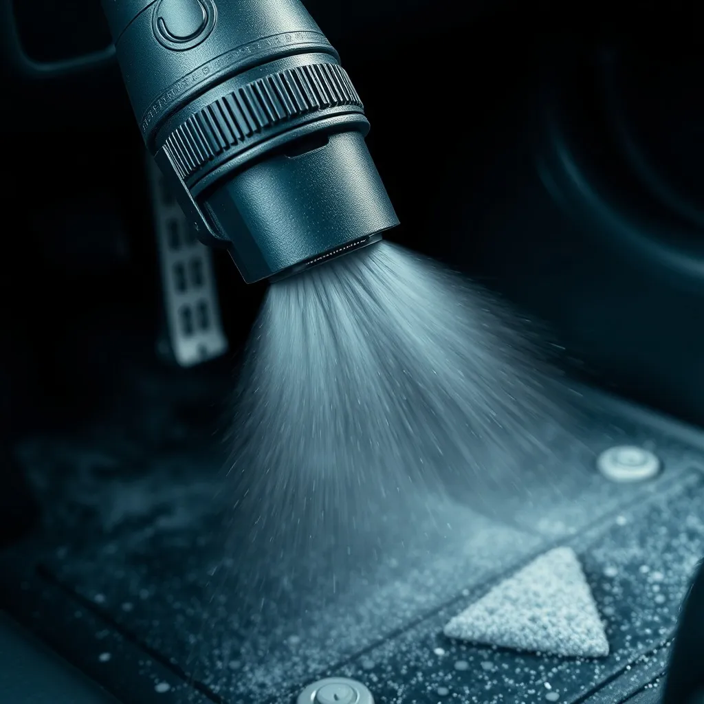 Industrial steam cleaner nozzle releasing vapor on a car flo